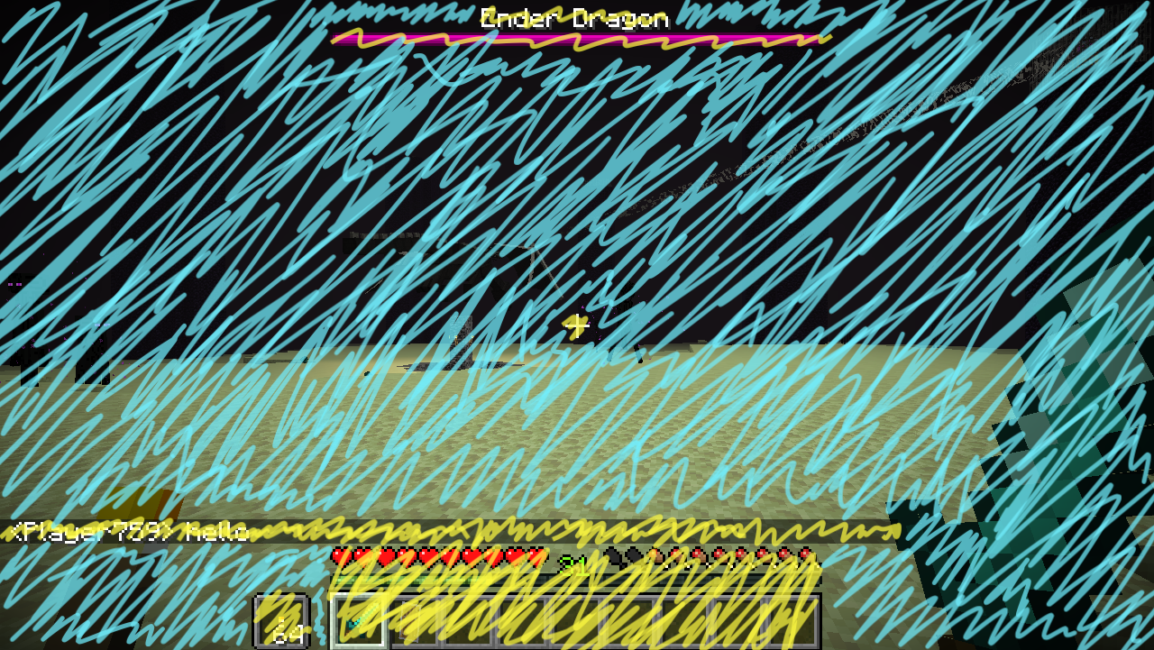 Minecraft gameplay, with 3D parts highlighted in blue and 2D parts highlighted in yellow